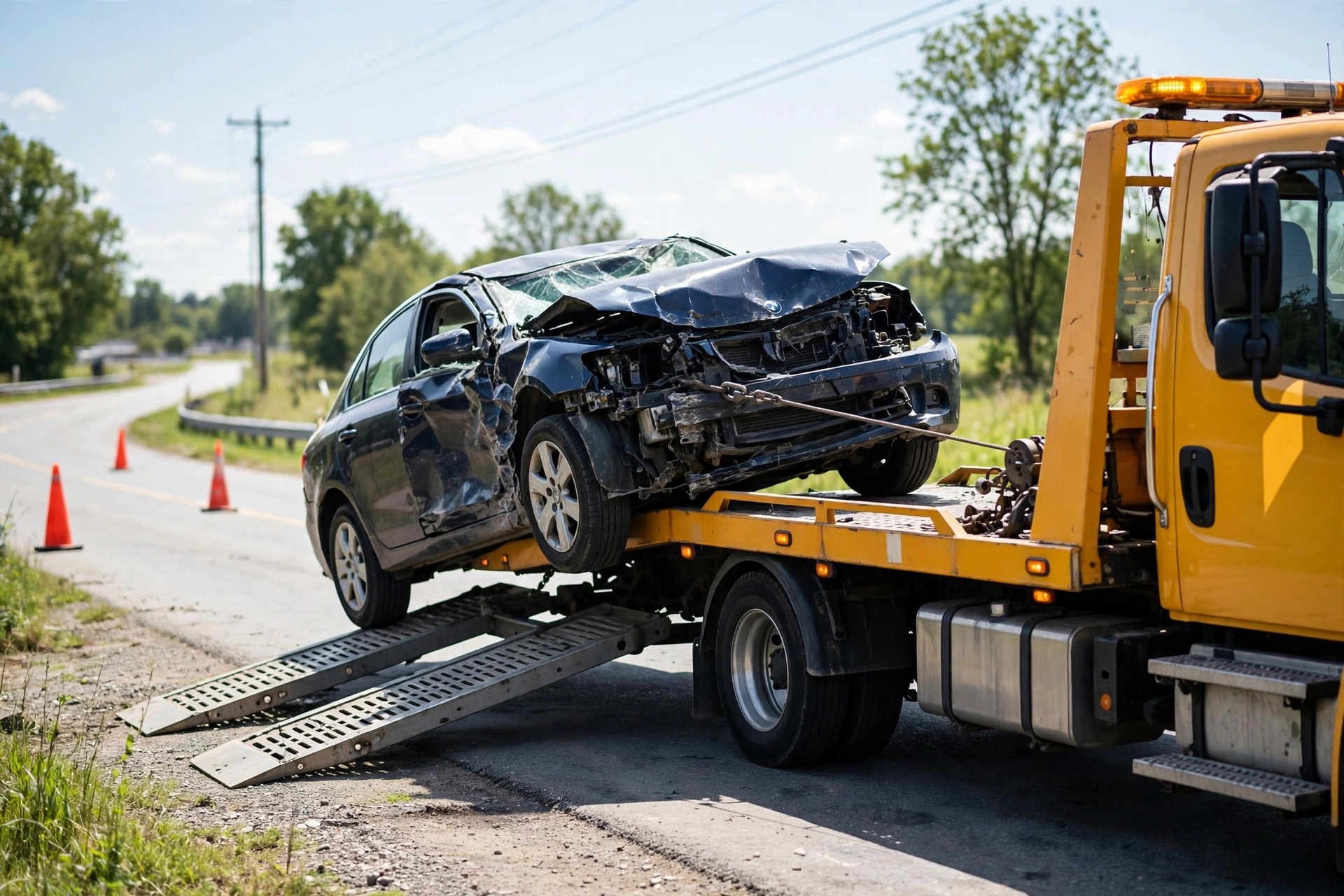 Flatbed tow truck loading a damaged car