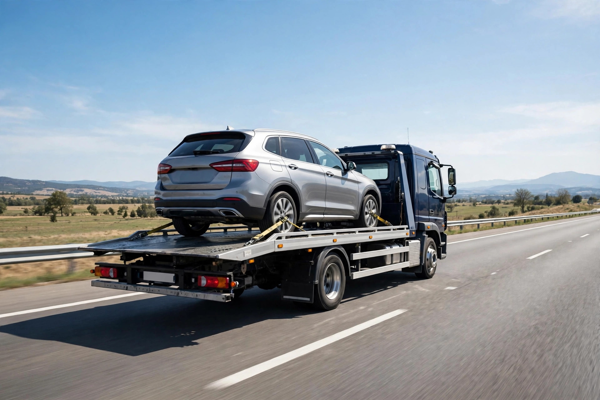 Tow truck carrying a car on a highway